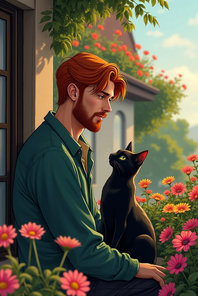JPG format, man with a black cat, red-haired man with a shallow beard, smiling sad, on a balcony with flowers, 600x400 pixel