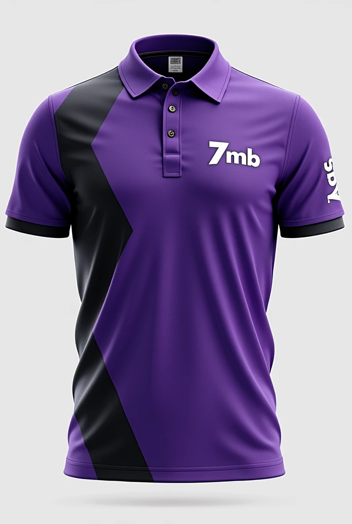 An interclass shirt with no animals and only lines and geometric shapes, purple color highlighted and some details in black, no buttons or polo collar. Na manga direira um Written "IACS" and on the chest a logo with "7mb" Written.