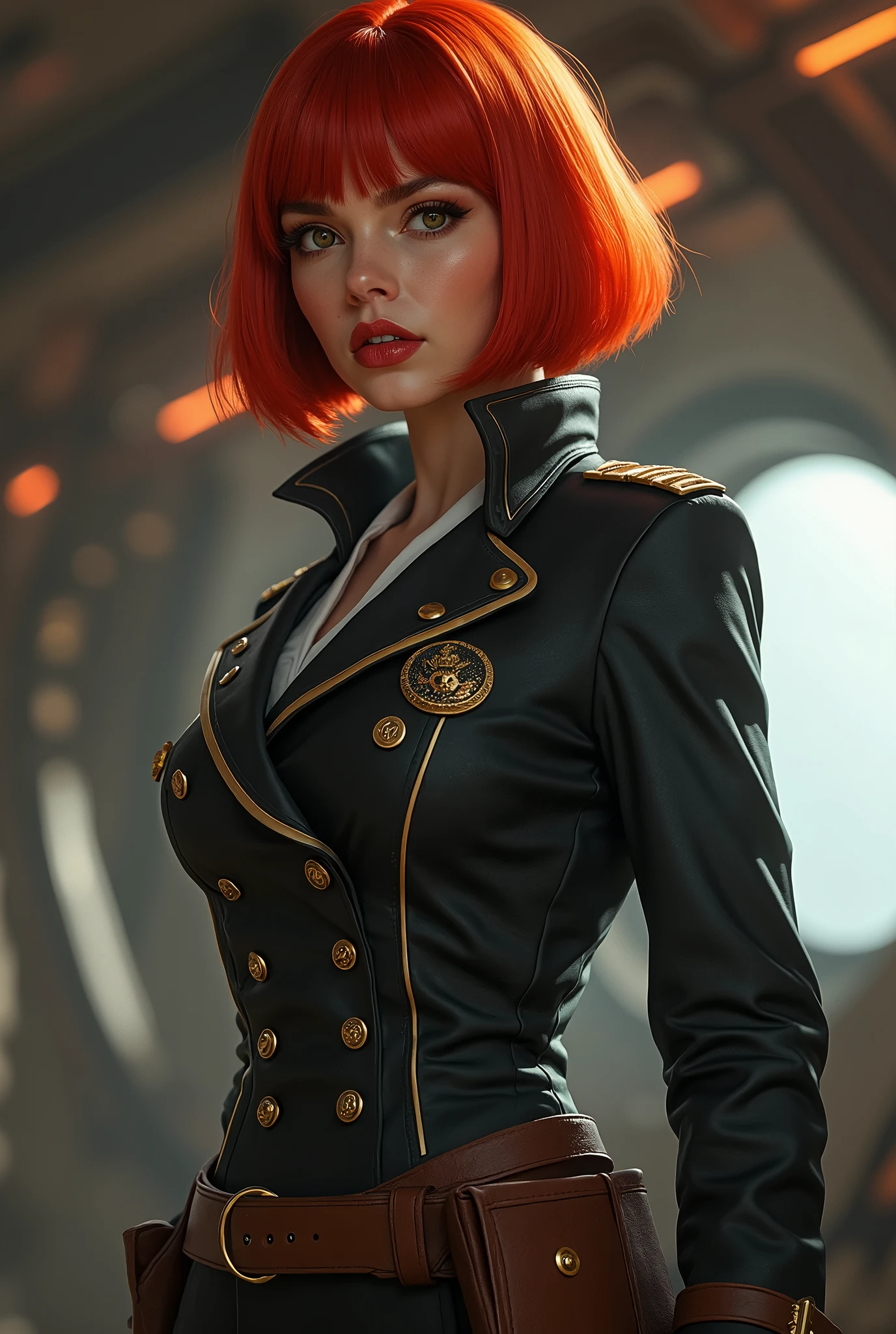 red bob cut, beautiful woman, starship captain, short jacket, cowboy shot, flirty, military bearing, standing, pirate