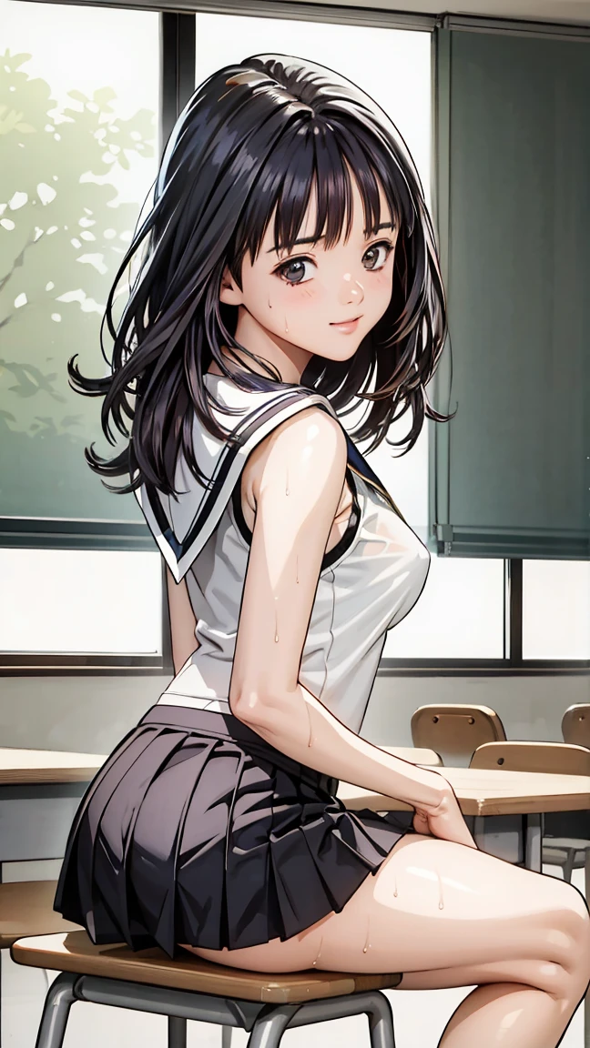  (Three boys and one girl) ,学校のclassroom、Sit on a chair、mini skirt、expensive,(classroom、reading、I read a book),、smile、The men are laughing、、Long Hair、They hesitate,Sweaty body、Wet Hair,  Underarm, Mid-chest,Realistic nipples, Realistic butt crack , (expensive色彩彩度:1.0),  (Very detailed肌), (Highest quality:1.0), (Ultra-high resolution:1.0) ,(Realistic:1.0), (Very detailed:1.0), (8k, RAW Photos:1.1)、(Touching your own with your hands)、(A man is touching her breasts from behind)、The man behind、Grab your chest、、Squirting、Center of chest、Spread your legs、Yoshizuki Iori、White blouse