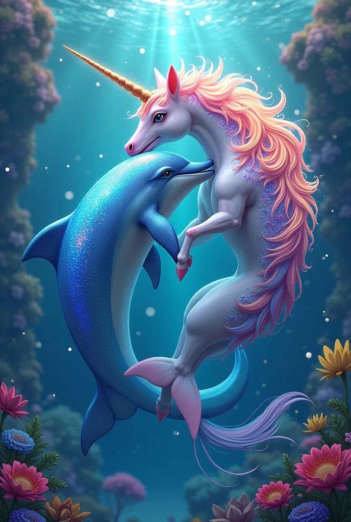 A dolphin with a well-sucked unicorn with many colors and rainbows
