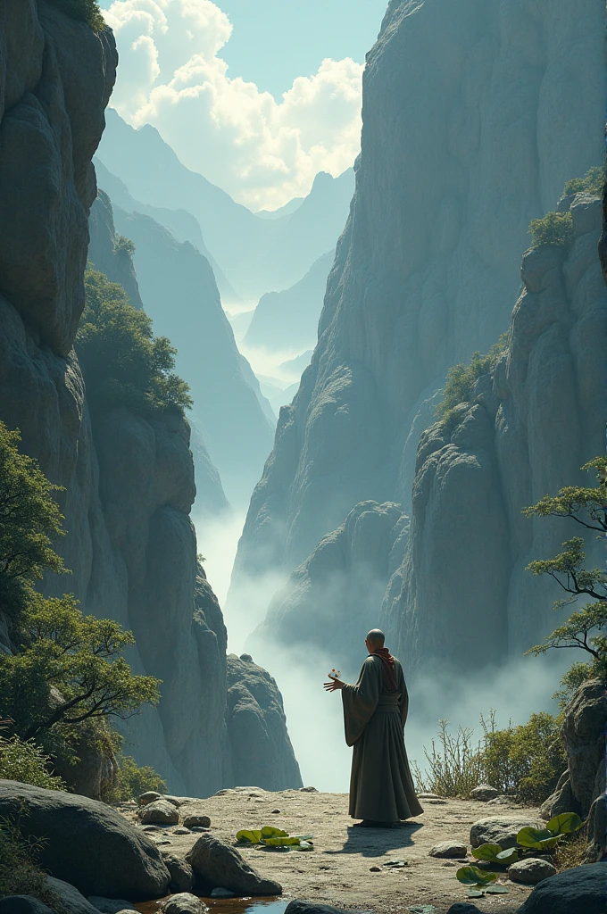 full lenght Try to imagine that this is a scene in which a Chinese monk comes to a large rocky mountain. There is a white monkey that is crushed by the mountain, only its head showing. The Chinese monk puts water in a lotus leaf for the monkey to drink. The atmosphere is intense and mystical. The scene of the large rocky mountain is an oil painting, a 3D painting, and an art painting by Professor Chalermchai.