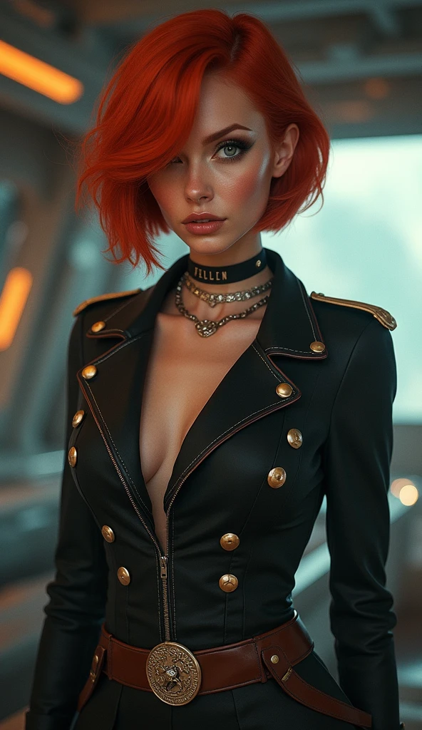 red bob cut, beautiful woman, starship captain, short jacket, cowboy shot, flirty, military bearing, standing, pirate