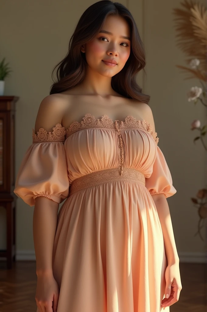 34dd 30 34 figure american 24 yesr old woman full body image in western style clothes with off shoulder dress 