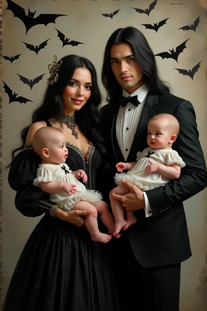 A realistic family portrait with twin babies in mom and dad's arms.Your mom wears a black, long dress in baroque style and has long black hair.The father wears a black suit and has long black hair.Bats fly in the background