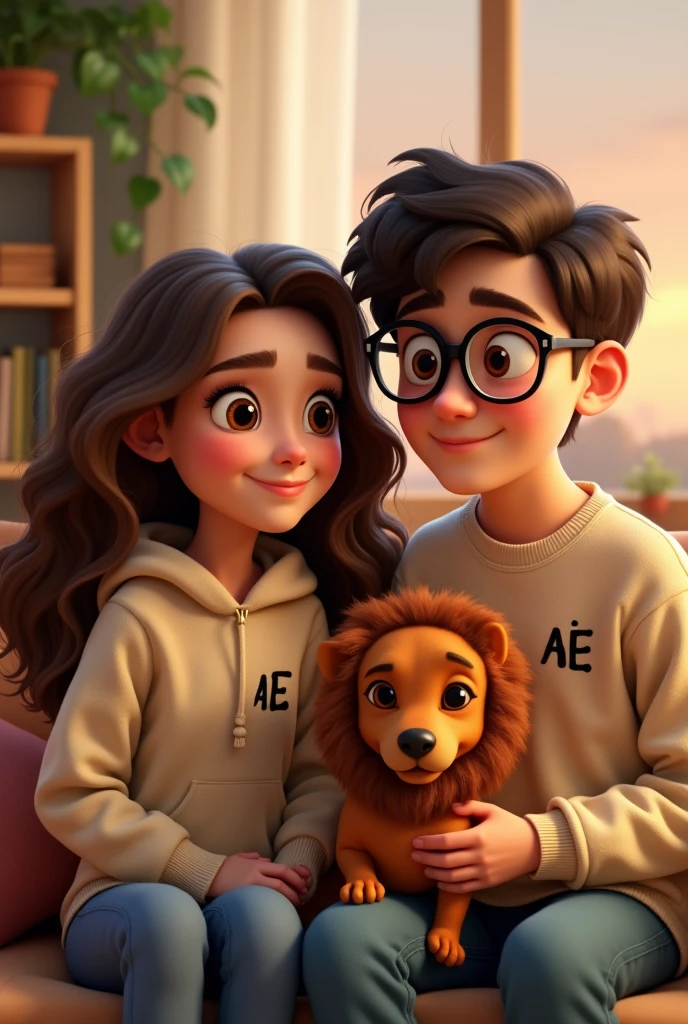 Pixar-style poster of two lovers, in a living room, She is a girl with long brown curly hair , white, with brown eyes, long eyelashes and small nose, with face wearing a beige hoodie with the initials AE small on the right side of the chest; a boy with dark brown hair, with rectangular frame lenses, dark brown eyes, big lips wearing a beige sweatshirt with small initials AE on the left side and a light brown dachshund with a black nose and brown eyes wearing a lion costume.