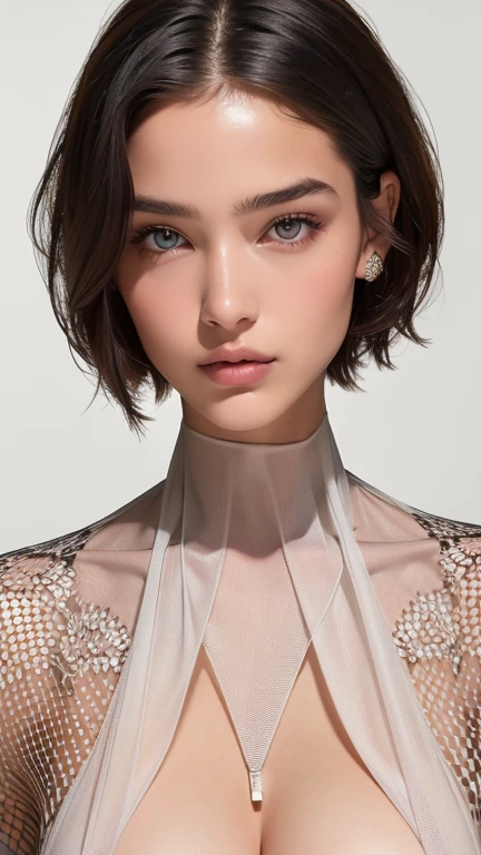 A beautiful attractive woman with short hair, full body portrait, in the style of Moebius, full of pink and white hexagons in the background, with a futuristic sci-fi aesthetic style, simple details, minimalism, black lines, clean pictures. The skin is white and she has an extremely delicate face that resembles floating glass. A sense of mystery, soft lighting, ultra-high definition images, and a cool color tone. She is wearing, 32k ,uhd