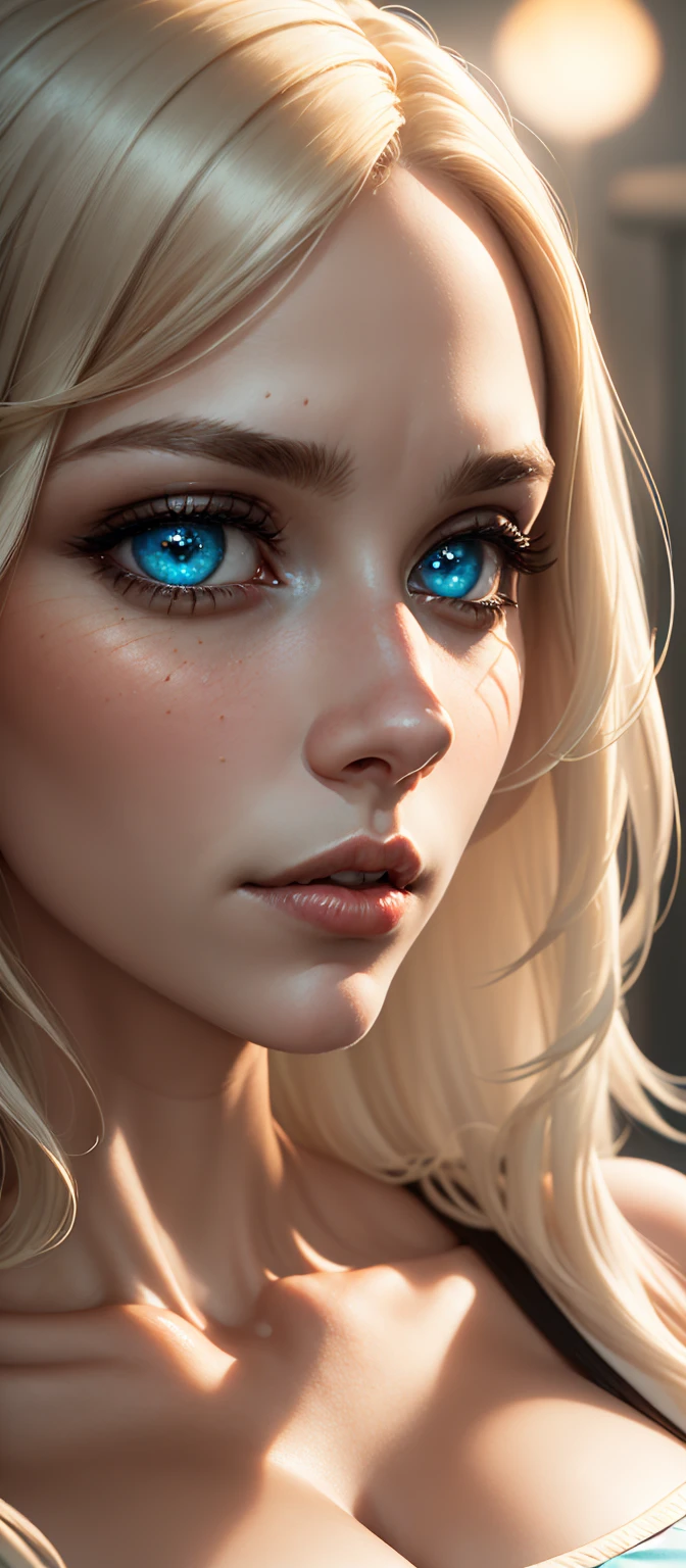 (dynamic lighting), (realism), (UHD), (32k), (Mastepiece), (highres, high resolution), (Advanced facial details), (natural skin:1.3), (DSLR), (soft lighting), (high quality), (finely detailed face), (top quality), (Best Quality), (platinum blond hair:1.5), (photorealistic:1.4) , (hyperrealistic:1.4), (smoother sunset lighting:1.05), (Centered), (increase Fujicolor quality:0.9), ((alena aenami:1)), (((face portrait:1.3))), High quality, 8K Ultra HD, hyper-realistic portrait of a perfect fit beautiful woman wearing a minimalistic bright turquoise gym outfit. The artist captures the woman with mysterious, long, and slightly wavy white hair, captivating blue eyes that show a sense of mischief, and a confident glance directly into the camera with her captivating eyes. Every subtle delicate nuance of her attractive face, the intricacies of her gaze, and the cascading strands of her hair are perfectly captured. The artist employs a mastery of modeling lighting techniques, creating a studio lit environment that perfectly captures her entire face looking directly at the camera. Her entire head and hair are captured in this masterpiece.