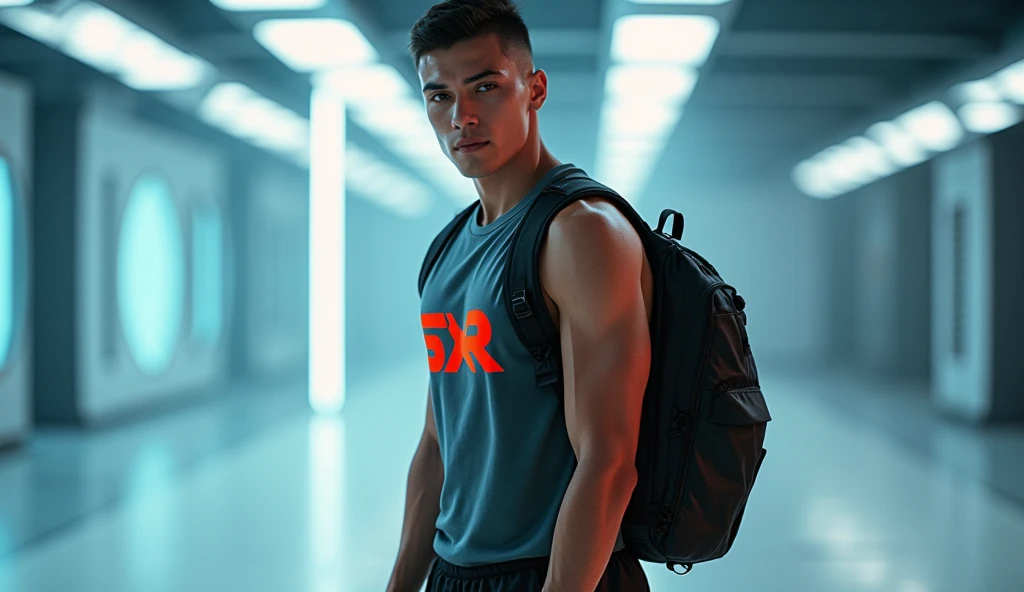 a sportwear fashion handsome 18 yrs. old Latin Asian male model, runway show full body holding sports bag pack, tank top casual wear style, SXR logo design, ultra-detailed, film photography, light leaks, trending on sportwear, sharp focus, studio photo, futuristic details, highly detailed