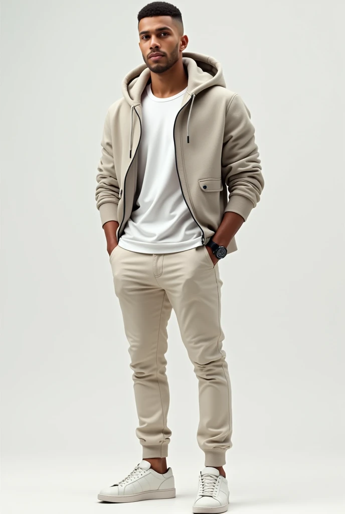 a 179 cm tall man, have a buzz cut hairstyle, tanned skin, skinny and no muscular body, wear white shirt layered with dry sweat jacket with no hoodie, the white shirt tucked in a cream trousers, he wear a watch and white shoes