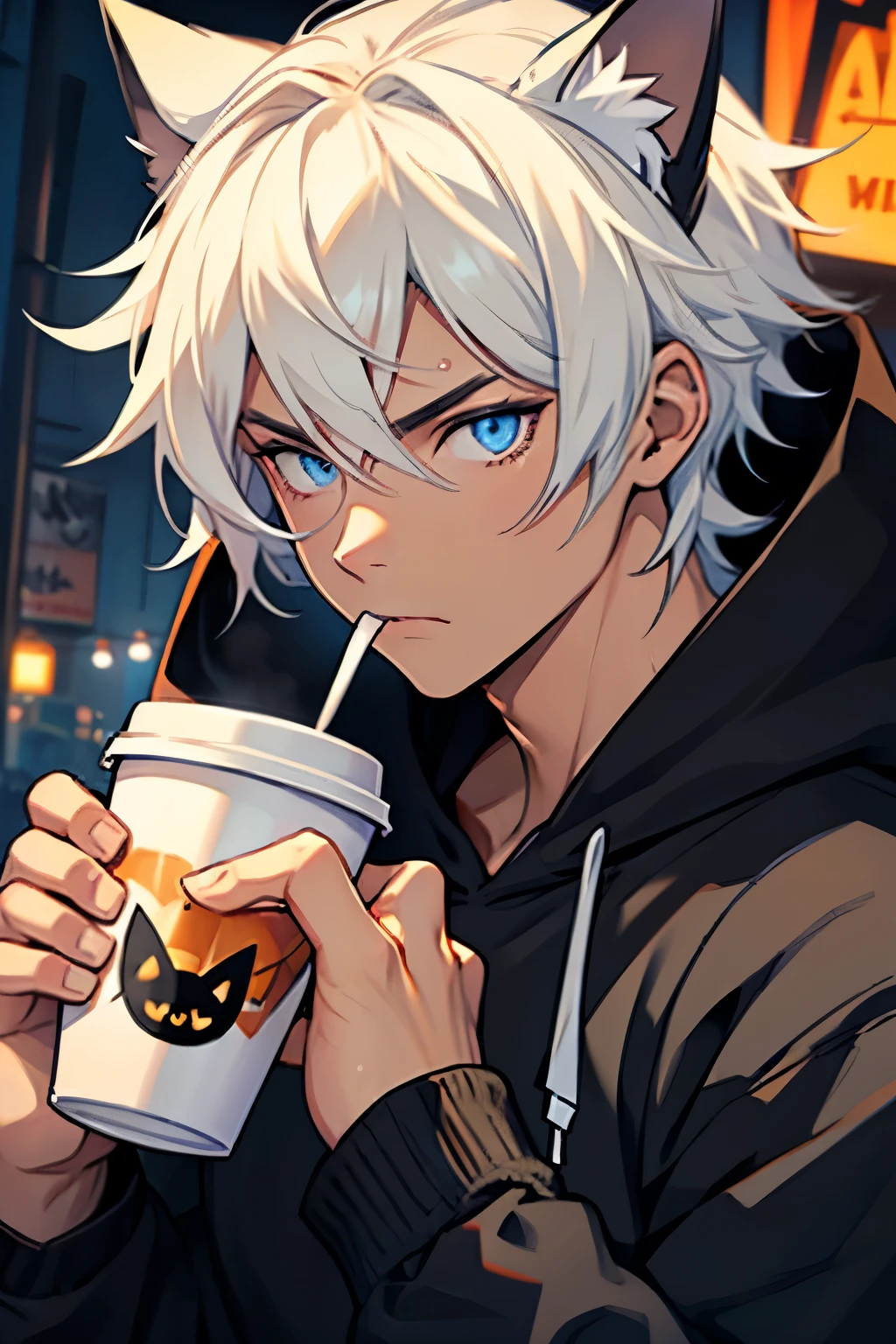 Boy, cat ears, black hoodie, Halloween themed, muscular, blue eyes, fair skin, drinking coffee, close up
