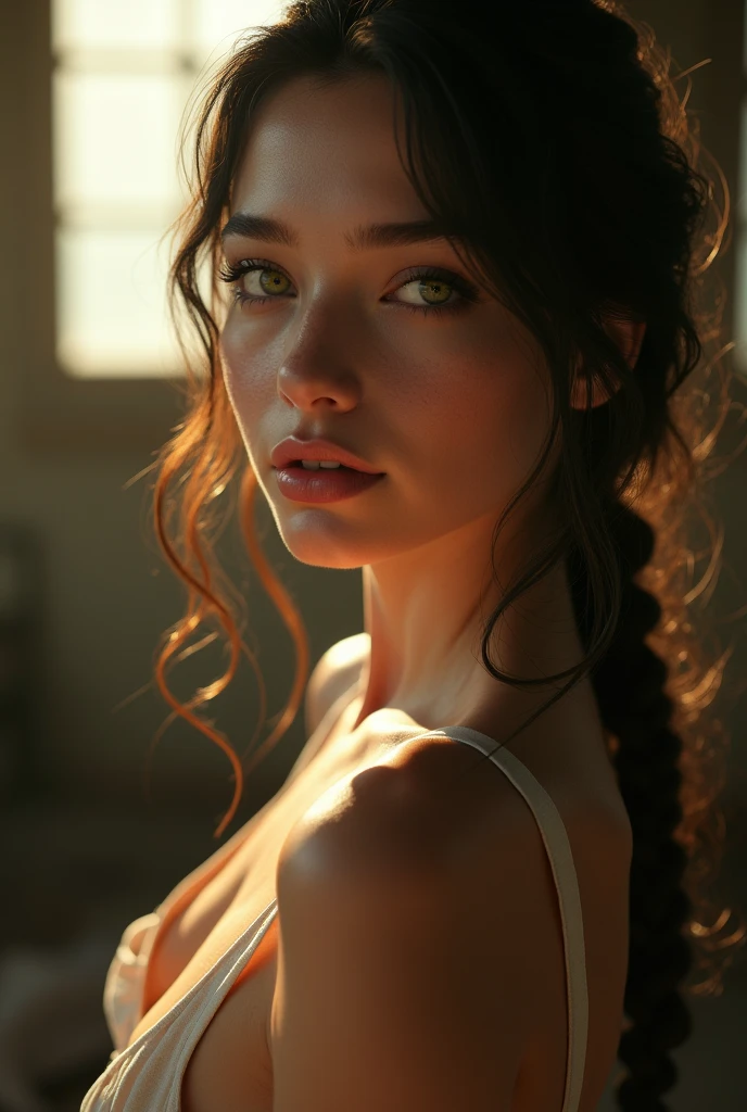 (Masterpiece, Best Quality, Highres:1.2), RAW photo, photorealistic, natural light, epiC Realism, Georgy, a stunning beauty, sits elegantly with artistic precision, her pale white skin glowing in the warm, bright soft diffused light. Her eyes, reminiscent of Raphael's masterpieces, sparkle with an inner radiance. Every detail of her skin is intricately rendered: Skin pores, skin wrinkles, healthy skin, skin bristles and chills all visible , cinematic lighting. Her thighs are toned and healthy, with a subtle sheen to her skin. Her lips shine with a soft, pink gloss, professionally color-graded for maximum impact. The framing of the shot captures Georgy's natural proportions, adhering to the Golden Ratio, creating an air of serenity and beauty.
score_9, score_8_up, score_7_up, score_7, score_6_up, solo, 1girl, pretty 20 year old woman, braid, big green eyes, looking to the side, natural breasts, photo, detailed, sharp focus, innocent, flirtatious, seductive, (show breast thru the wear), skinny girl with perfect body and pale white skin, cute, pleasant, seductive, sunburst, standing, side boob, raw, realistic, Loose tank top, thong, messy basement, dimly lit room nighttime, sunset, god rays, side view, d3t41l3d