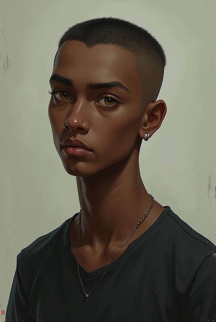 brown skin, buzzcut, amber eyes, skinny, no facial hair, sad man