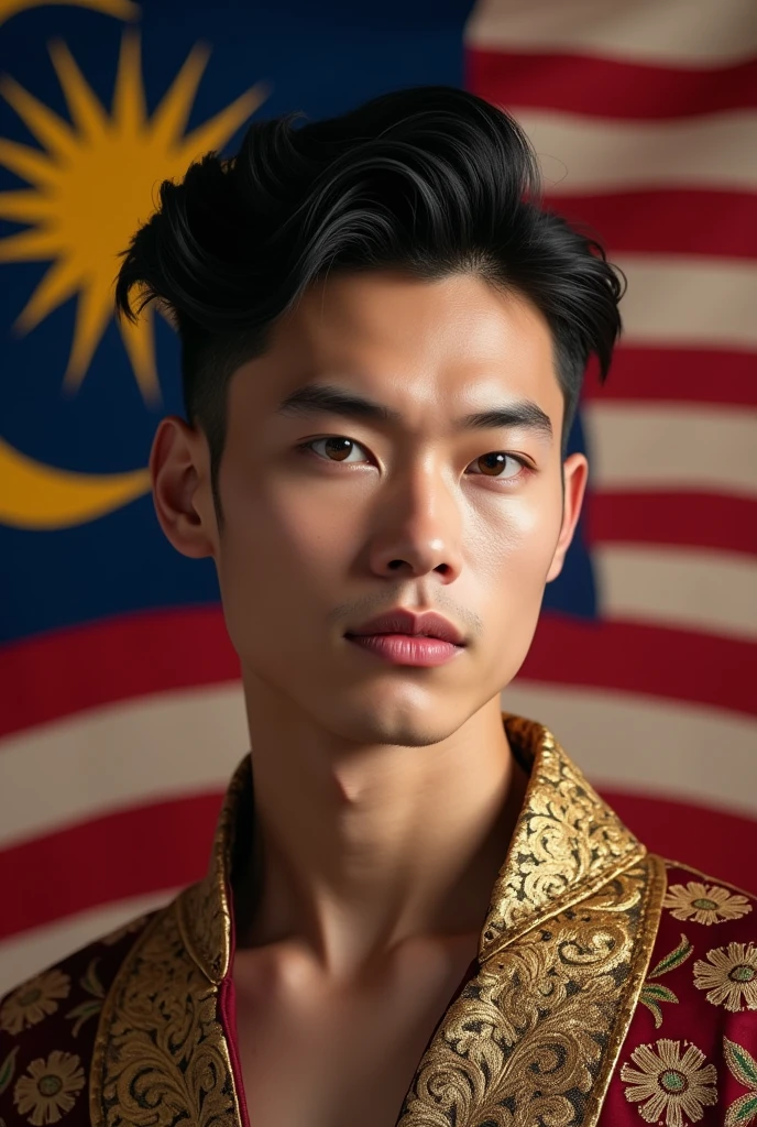 handsome young man , american face , fair skin , stylish hair , wearing royal clothes and malaysian flag logo , Malaysian flag background , smooth skinned 