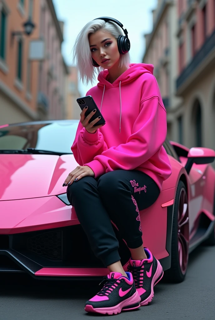 best qualityer, 8k.
Beautiful young woman, white hair with hairstyle, she wears headphones.
Wears a bright pink sweatshirt, black sweatpants, black and pink nike sneakers.
In your hand a state-of-the-art cell phone. 
She is leaning against a Lamborghini car.
Centered image.