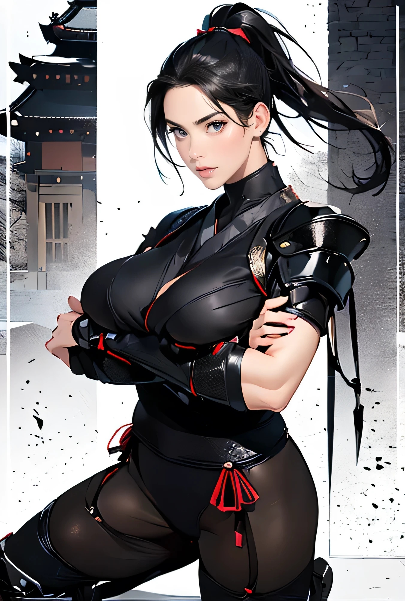 Thirty-year-old woman, 170 cm tall, (((((classic female ninja))))), model-like beauty, perfect features, ((((wearing in black ninja armor)))), (((((no mask on her face:1.2))))), (((black ponytail with red ribbon))), chest area. Large exposed, (((((huge breasts visible:1.2))))), ((((holding a short ninja sword:1.2)))), Japanese castle in the background, standing on the roof tiles of the castle, (((((dynamic pose:1.1))))), (((high quality:1.1))), (((high resolution:1.1))), (((realistic:1.2))), ((((Detailed description:1.1)))), slim waist, plump upper body, plump lower body, perfect arms, perfect collarbone, perfect fingers, perfect five fingers, perfect hands, perfect limbs, perfect hips, Perfect butt, perfect thighs, perfect legs, movie lighting