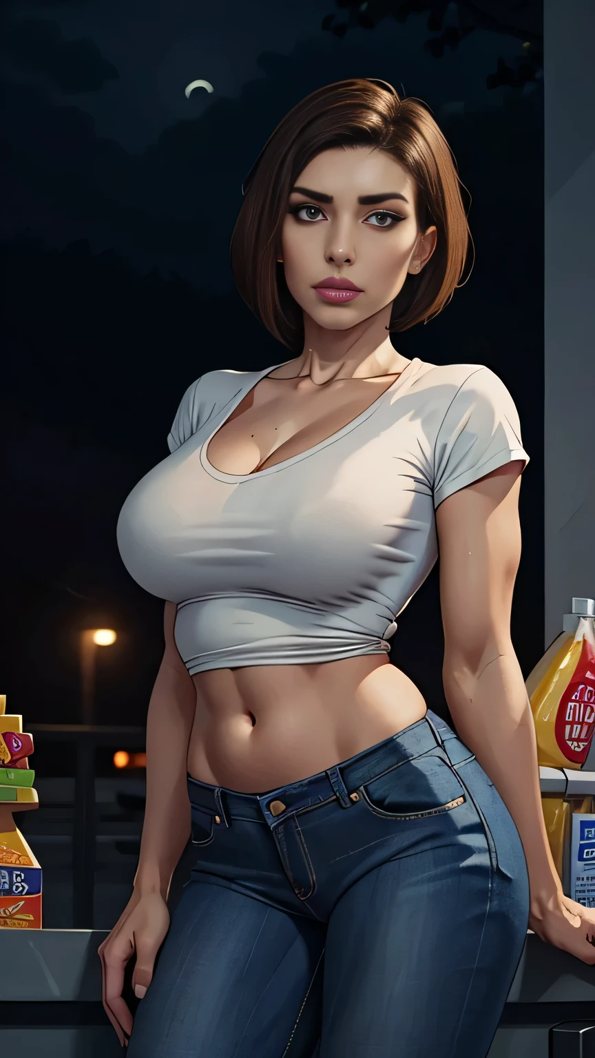 photo of mlp Meowko, RAW, beautiful woman, (portrait), (detailed face:1.2), (detailed feature, detailed skin, glossy lips, shiny luscious lips, clear skin), (short lesbian haircut, brunette: 1.55), (perfect proportioned body, Strong, muscular, narrow waist, narrow hips, skinny, massive breasts), (she is wearing a black 7-Eleven t-shirt, cashier uniform, 7-Eleven, low cut vneck, exposed belly button, tight jeans), standing in a convenience store, late night convenience store, near front of chip Isle, (realistic photo, best quality, detailed), (8k wallpaper), (cinematic lighting, mood light, (evening:1.3)) (sharp focus, intricate)