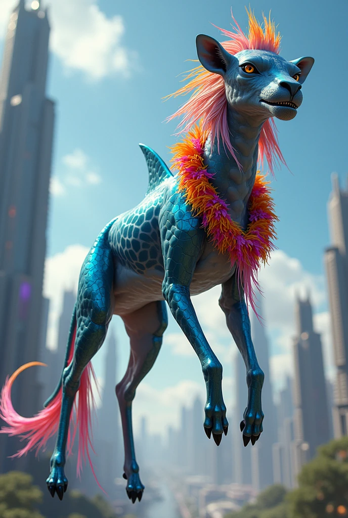 Make a flying shark that has a giraffe's head and a lion's tail that shoots leis, Futurism, best quality