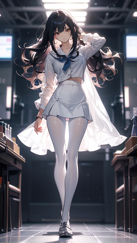 Perfect quality,Perfect body proportions,Long legs,student,jk outfit,whole body,Long curly hair,Standing picture,White,sexly, Pantyhose,perspective,transparent,