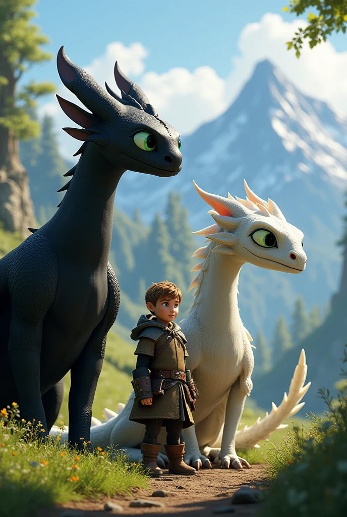Generate toothless from how to Train your Dragon
With light fury beside him
And hiccup
With stoick