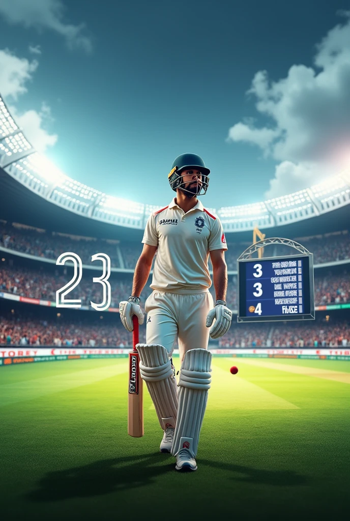 Create a dynamic and engaging sports-themed graphic showing a cricket field. On one side, illustrate a scoreboard with 'Root: 33 Centuries' and on the other, depict an intense Virat Kohli in action, with a large '29 Centuries' displayed prominently. The scene should have a dramatic and motivating atmosphere, with elements that highlight Kohli's determination and readiness for a season of dominance. Include visual cues like a cricket bat, ball, and cheering fans to capture the excitement and energy of the chase