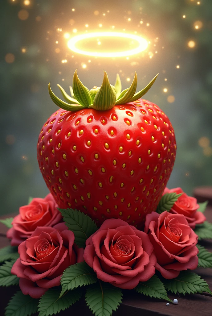 CREATE A DRAWING FOR ME WHERE THE CENTER IS A STRAWBERRY, WITH ROSES AT ITS BASE AND A HALO AT THE TOP OF THE STRAWBERRY.