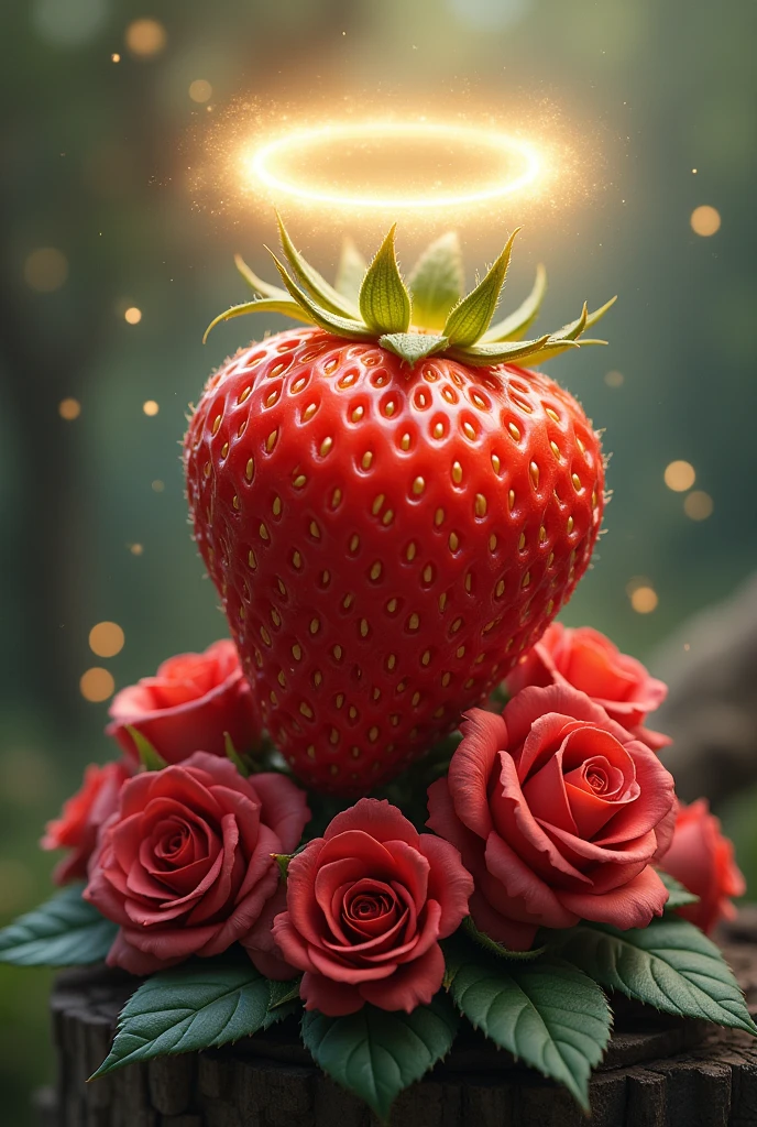 CREATE A DRAWING FOR ME WHERE THE CENTER IS A STRAWBERRY, WITH ROSES AT ITS BASE AND A HALO AT THE TOP OF THE STRAWBERRY.