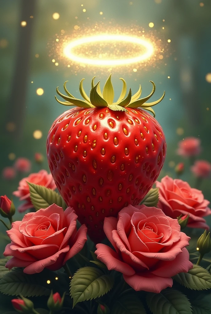 CREATE A DRAWING FOR ME WHERE THE CENTER IS A STRAWBERRY, WITH ROSES AT ITS BASE AND A HALO AT THE TOP OF THE STRAWBERRY.