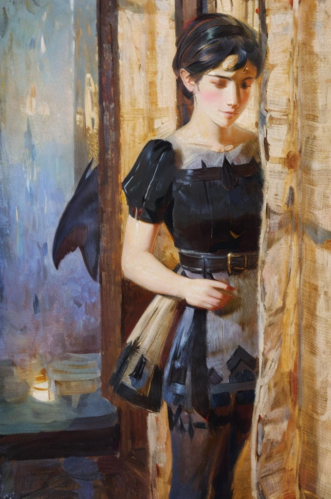 A young girl in realistic oil painting portrait of high quality and detail, classicism, waist, 19 century style, Ellen Joe (Zenless Zone Zero), a young girl with short black hair with red tips at the ends. She also has red eyes and makeup. She is wearing a short maid costume, nylon tights, black underpants, high-heeled shoes. She also has a shark's tail on back, big breast, light and peaceful atmosphere, glow, eye shadow, 1girl, fantasy, Depth & Perspective, smiling on her face, Mystical powers, fine face, She stands in the middle of the bedroom, indoors, sunlight from windows, day time, looking at viewer, (ultra-high detail:1.2), Masterpiece, Best Quality, Ultra-detailed, Cinematic lighting, 8K, delicate features, cinematic, 35 mm lens, f/1.9, highlight lighting, global lighting –uplight –v 4, cinematic, Cinematic lighting, 8K, high quality, Highest Quality, (Solo Focus), (extremly intricate:1.3), (Realistic), masterful, Analog style, (Film grain:1.5), (warm hue, cold tone), 