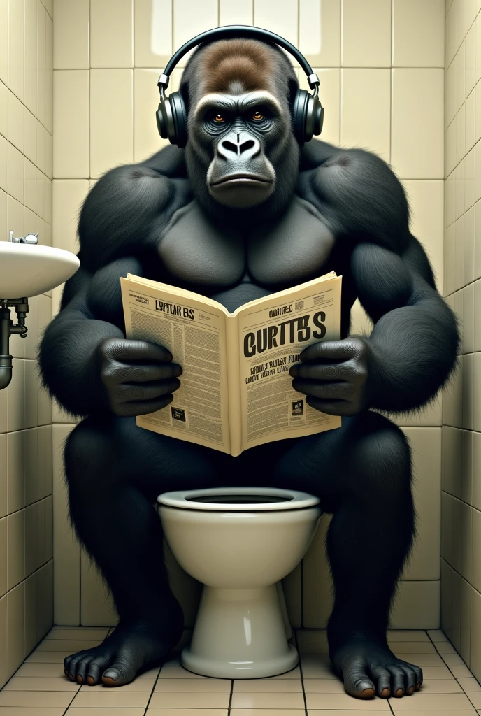 Gorilla shitting in the toilet while reading the newspaper with headphones on