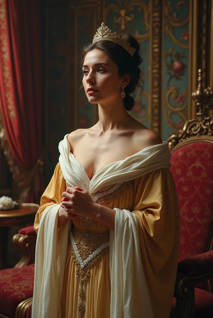 Queen's Wisdom: The queen, with a gentle smile and a wise look in her eyes, responds calmly, "Maharaj, our desires never truly end, do they? The more you eat, the more your hunger grows." She gestures softly with her hand as if explaining a simple truth.