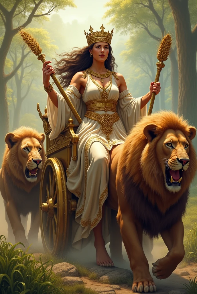 Rea Goddess with Phrygian clothing and a crown shaped like a wall. He usually holds a scepter or an ear of wheat as his main attribute and carries the keys that give access to all the riches of the earth.. He rides a chariot that symbolizes the superiority of Mother Nature., to which even the powerful lions that pull it are subordinated.
