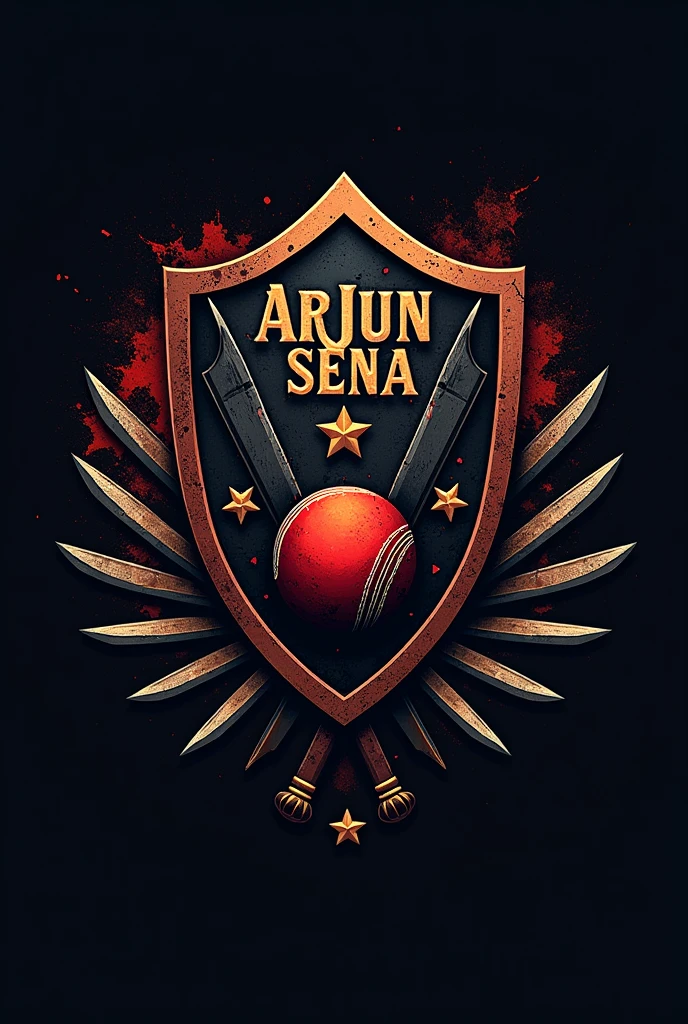 Create logo for Cricket sports team name ARJUN SENA with cricket and war equipment
