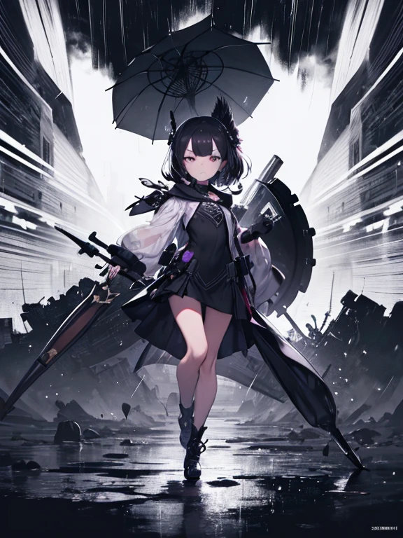 Black and white drawing on parchment of a girl with an umbrella in the rain, Vector Art Style, Very detailed, creative, Splash Ink, Dynamic pose, concept art design, Digital Painting.