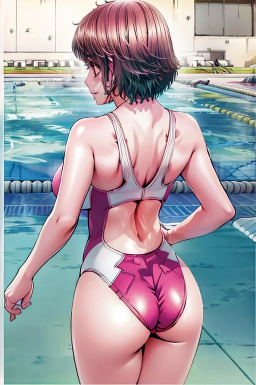 A boyish beauty with big breasts, beautiful legs, and short hair is standing by the pool in a wet, bright pink high-cut swimsuit with the arena logo and lettering.。Angle from behind。A middle-aged man is standing pointing the camera lens.。