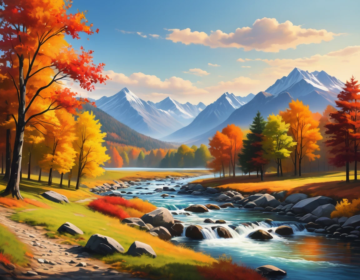 The artwork is a digital painting depicting a tranquil landscape with a river and mountains. It captures the essence of autumn, as the trees display a spectrum of vibrant fall colors.