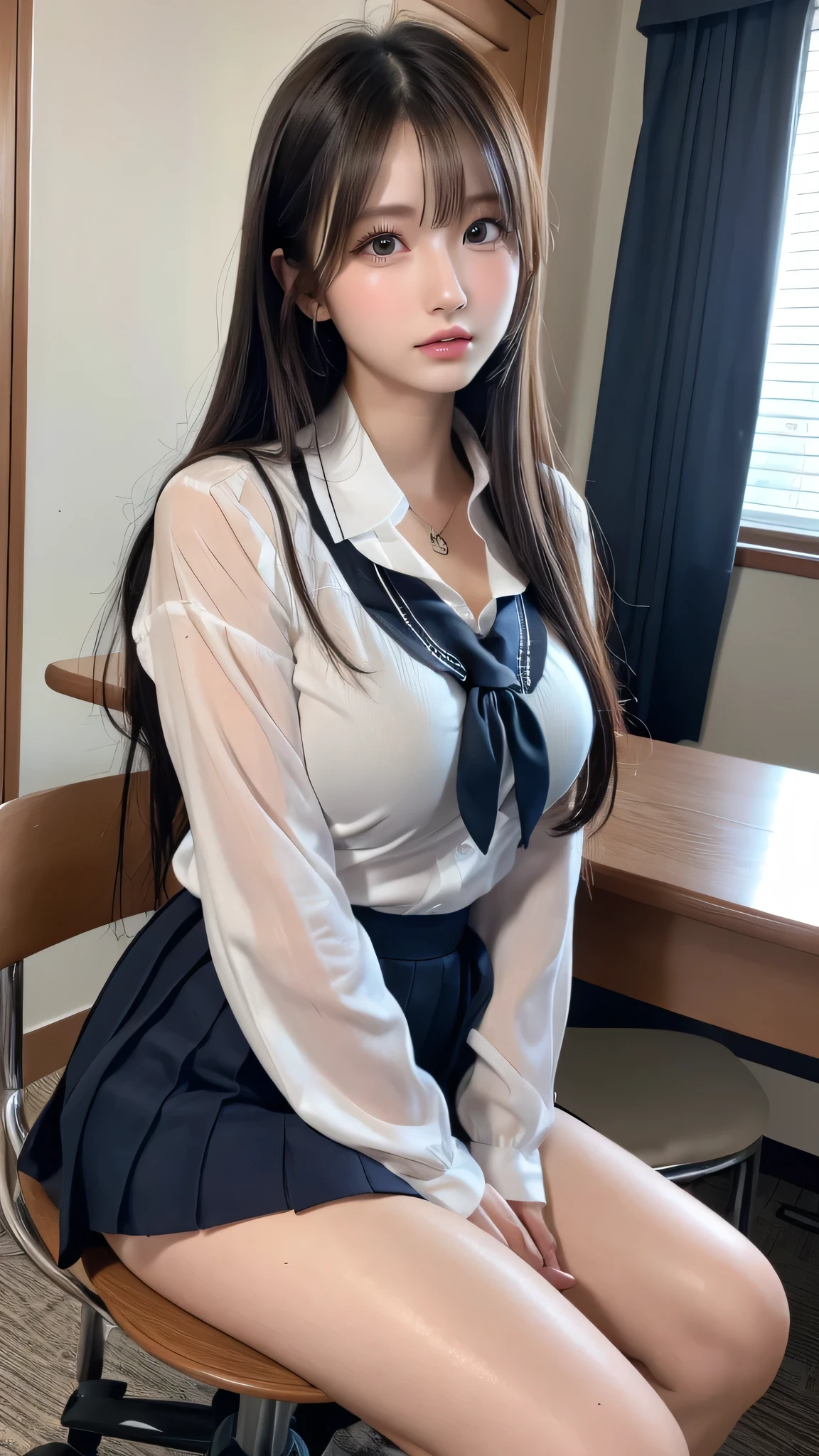 in 8K，photos realistic (1 Cute Korean Idol ) low-tied long hair, Thin makeup, Medium chest size, Close-up portrait, nffsw、Punk Girl、Pendants,breasts deep cleavage、FULL BODYSHOT、beauty legs、Beautiful legs、1 、She's looking at this、(Super beautiful girl:1.5)、(A detailed face)、Adult face、Bare legs、(School uniform)、highschool、crass room、School Desks and Chairs、The chest is open、thighs thighs thighs thighs、Red Sweater、a closeup、full body Esbian、Nasty eyes、Random sexy poses