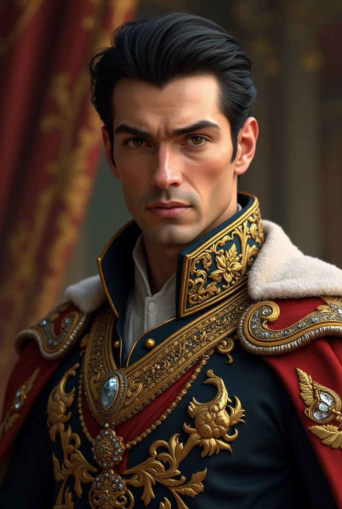 has a commanding and regal appearance with short, well-groomed dark hair and sharp, authoritative features. His eyes are a deep, penetrating brown, reflecting his seriousness and commitment. He dresses in the finest royal garments, characterized by rich fabrics and intricate embroidery that denote his high status and the weight of his responsibilities.