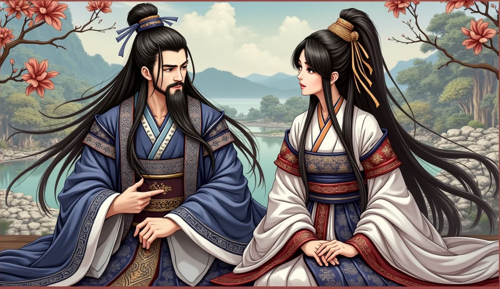 Anime Thick Painting、Zhuge Kongming、Handsome、Long Beard、Beautiful Huang Yueying、Sitting and chatting