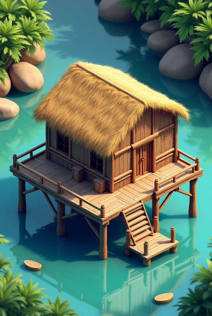 Architectural isometric of a stilt house built on water, made of wood and palm roof