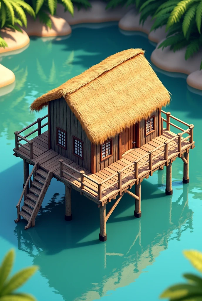 Architectural isometric of a stilt house built on water, made of wood and palm roof 