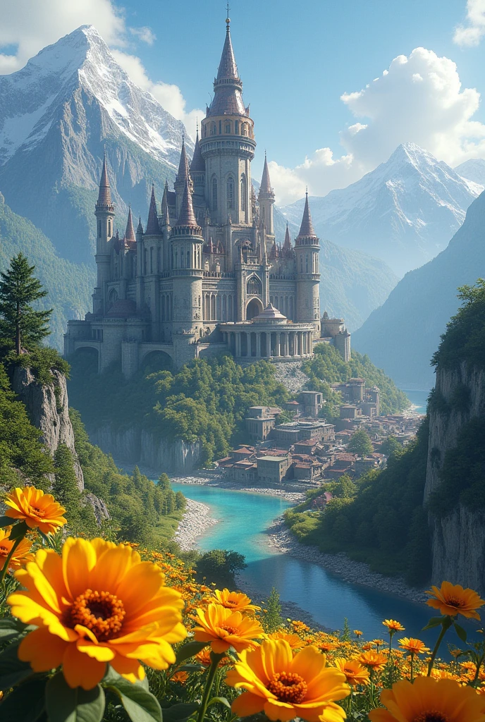 Generate a
**Kingdom of Sardonyx:**
A majestic kingdom with an imposing stone palace and slender towers, decorated with precious stones. Surrounded by high mountains with snowy peaks and vast dense and mysterious forests. The surrounding town has stone houses, winding streets and vibrant markets. The environment is enriched with well-kept gardens, springs and waterfalls in crystal clear rivers.
3d. Use the RenderMan renderer. 3d. digitl art. High definition, hight contrast, high color saturation. Adds a field of giant golden flowers.