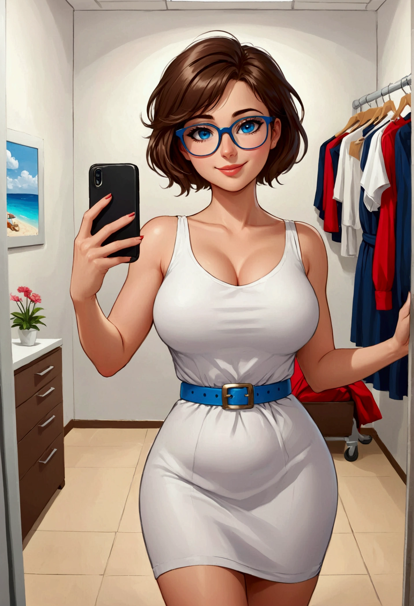 20 years old woman, Short brown hair, Mediterranean with blue eyes, Generous and heavy breasts, slender waist, definition of l&#39;estomac, fesses rebondies et pulpeuses, naturally curved, muscular thighs, aguicheuse , blue eye, lunettes, fitting room, White dress, Red belt ,Selfie, ssmile 