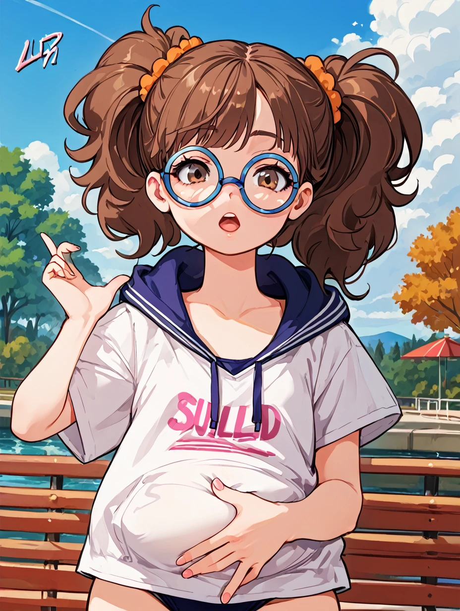 1 girl, individual, High resolution, Small chest, Thin,swimsuit,Large size T,brown hair,Curly double ponytail,Wearing thick-soled sneakers,feet spread,Jump,River embankment in the background park,Passersby,sunny,plump lower body,Big hips,Wearing thick-rimmed black round glasses,Signing OK with one hand,Put a hand on your belly,Perfect finger performance,color block style,Coloring of celluloid sheets,80s animation style。