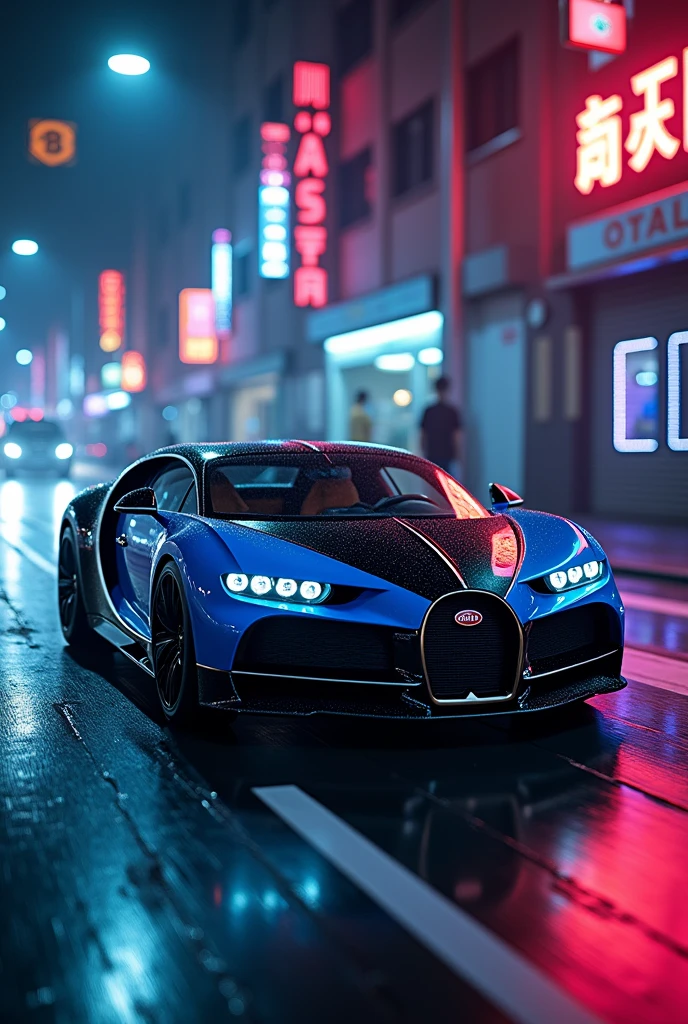 Black blue Bugatti right side and driving night neon light