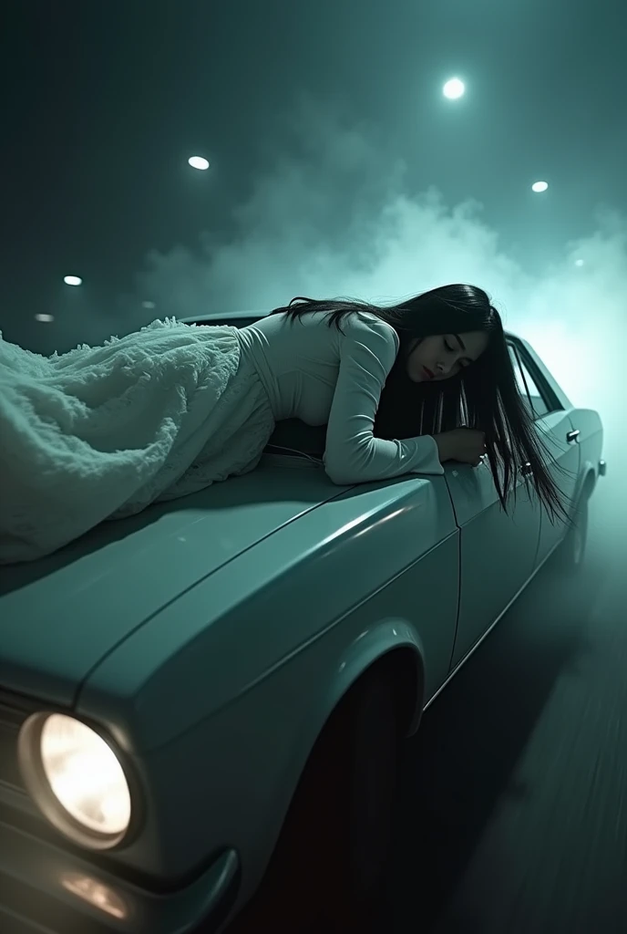 a long-haired girl, ghost, ju-on , lying down prone on the roof of a car, wearing a ripped long white dress, car drifting. Car move fast , epic. High shutter speed. , dramatic lighting, cinematic atmosphere, moody color tones, high contrast, photorealistic, 8K, masterpiece, ultra-detailed. At night. Flash photography 