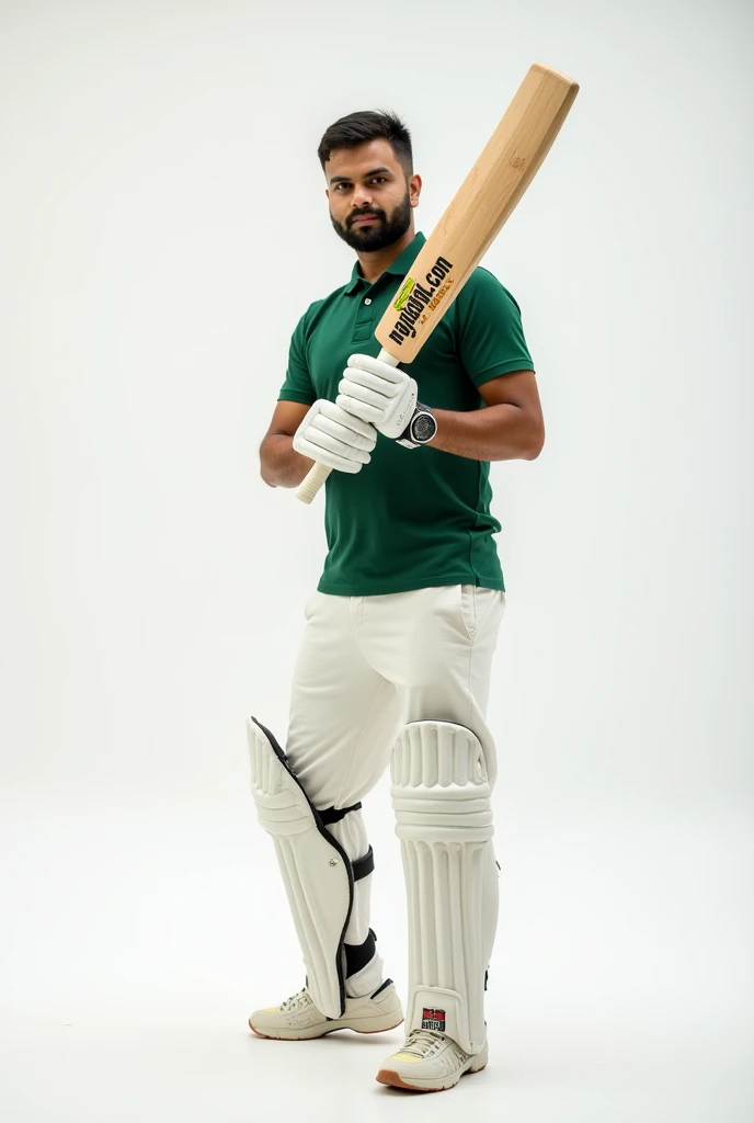 Man in green collared tshirt and white trouser, holding a bat in straight drive position, having a text on bat "NAYAKHEL.COM", in white background