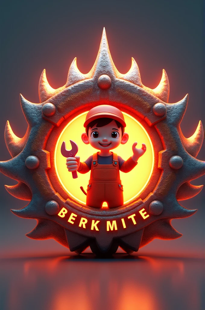 a round symbol shining with thorns, at the top it says 'tukang brompit' and at the bottom it says 'putra makmur abadi', in the middle there is a cute 3-dimensional animation of a mechanic holding a wrench and screwdriver,