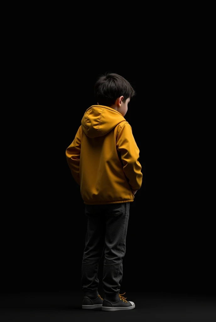 Hello, I need to generate an image of an  boy standing with his back turned with a yellow jacket and a black background.