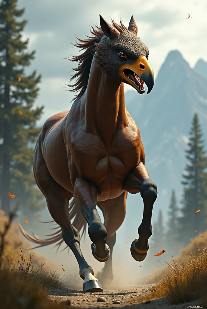 “A realistic image of a horse with the face of an angry eagle. The horse has a strong, muscular body, but its head is replaced by that of an eagle, featuring sharp, piercing eyes, a curved beak, and feathers around its face. The eagle’s expression is fierce, with the beak slightly open as if it’s screeching. The horse’s body is in motion, galloping through a natural landscape with trees and mountains in the background, capturing the intensity of the scene as the horse-eagle hybrid moves with powerful strides under a cloudy sky.”